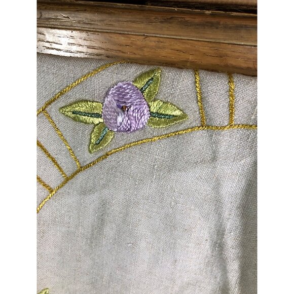 Vintage Table Center Piece Hand-Embroidered Linen Topper Floral Basket Lace Edge - Picture 8 of 14